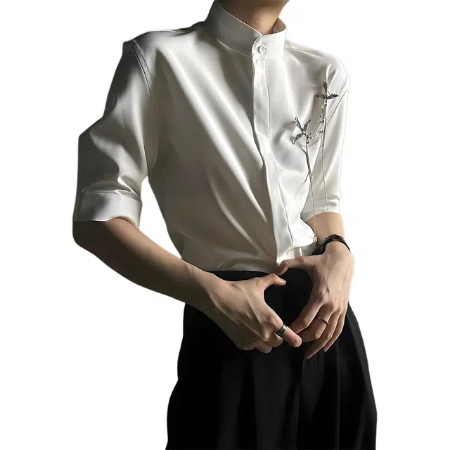 唐启 新中式轻熟风立领高级感修身短袖衬衫 男女同款