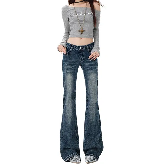 如续 如续美式低腰辣妹微喇裤设计感复古百蓝弹力显瘦喇叭裤牛仔裤 女款