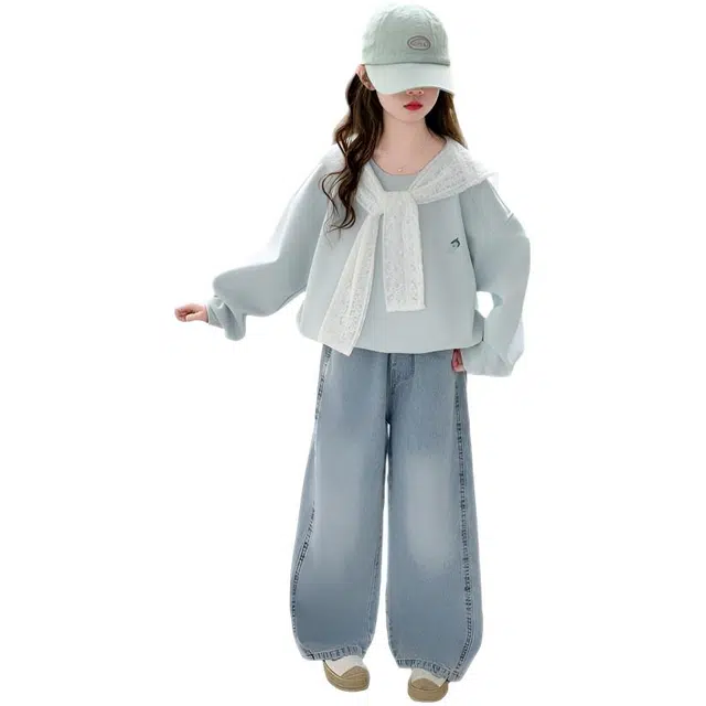 天才小熊休闲运动套装 女童春秋季搭肩卫衣牛仔裤 大童潮牌小孩衣服 小女孩长袖洋气时髦 舒适帅气轻便