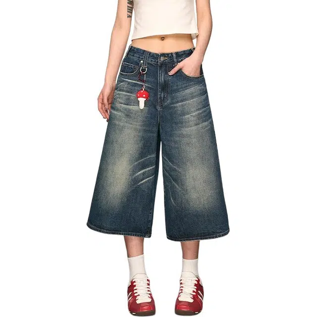 么宁 美式复古水洗宽松阔腿七分裤慵懒风显瘦垂感直筒百搭街头牛仔短裤 女款