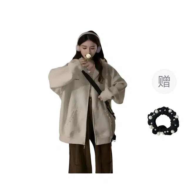 雾闪闪 重磅珍珠钉珠开衫外套女刺绣潮牌休闲连帽卫衣 女款