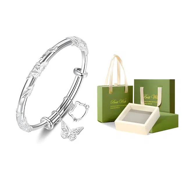 琉堇 繁花似锦蝴蝶如梦 花丝浮雕新中式轻奢小众古风素圈镯子 平安吉祥招财小猫百搭甜妹 礼盒款#好运 纯银 可推拉合金手镯 女款