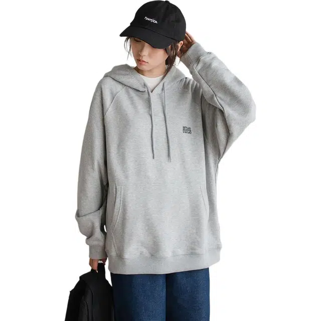 邓大喵 春秋休闲印花小标连帽日系男女同款插肩袖上衣卫衣 女款