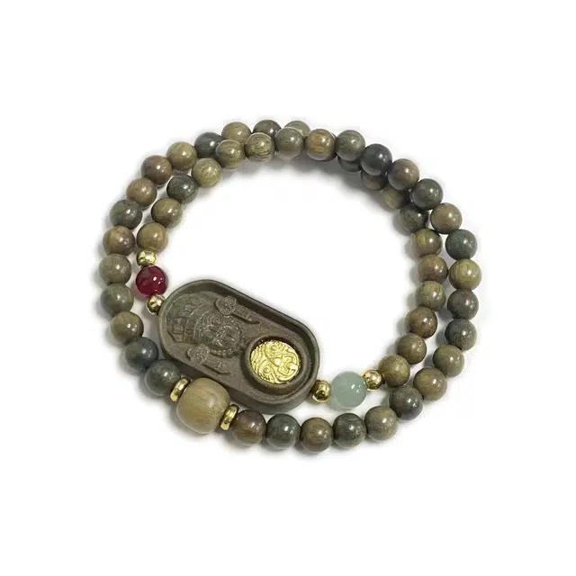 郁馨 新中式双圈盘玩扎基拉姆平安无事牌招财转运 小众设计简约叠戴休闲个性百搭佛珠#好运 绿檀 木作手串 男女同款情侣款