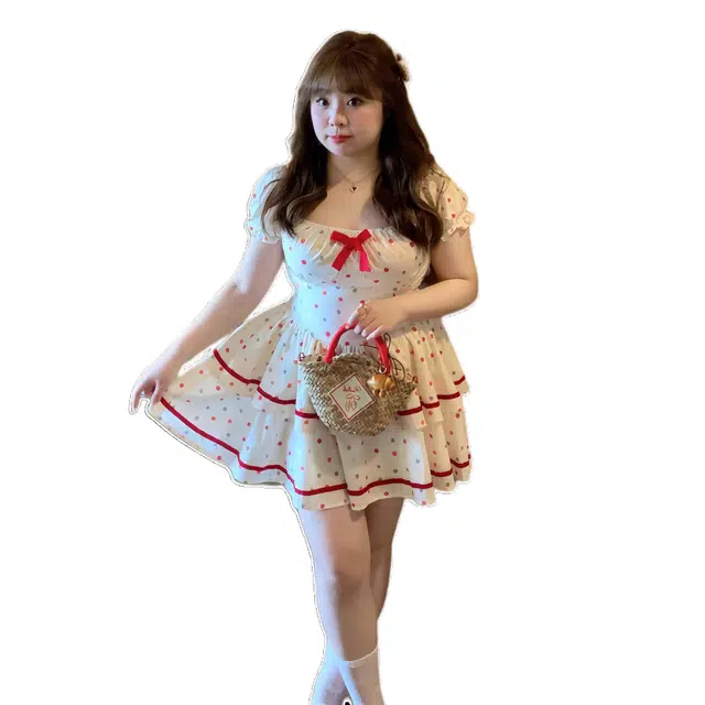 小卷要加油 彩色波点蓬蓬裙/蛋糕裙 甜美公主少女可爱夏日微胖显瘦打揽短袖连衣裙 女款