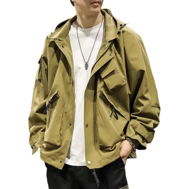 路杰邦  户外登山防风防水衣外套男春秋季潮牌宽松连帽多口袋夹克风衣 男款