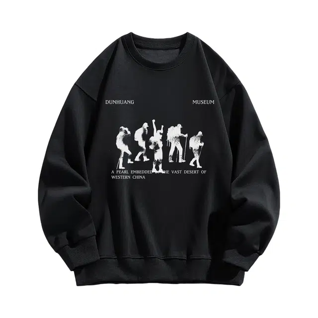 敦煌博物馆 美式复古幻影模糊人像印花嘻哈街头学院风宽松休闲套头圆领长袖卫衣 男女同款