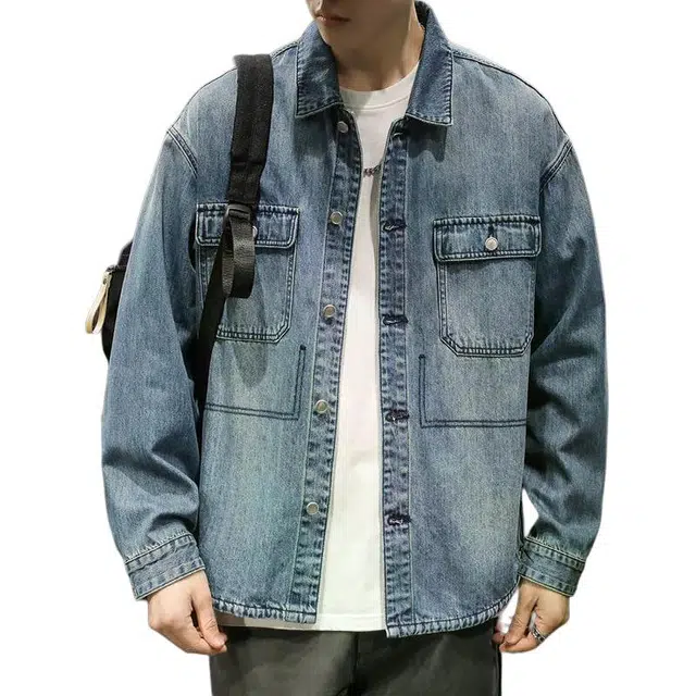 路杰邦 美式复古单排扣衬衫夹克男秋季潮牌宽松翻领上衣衣男装牛仔外套 男款