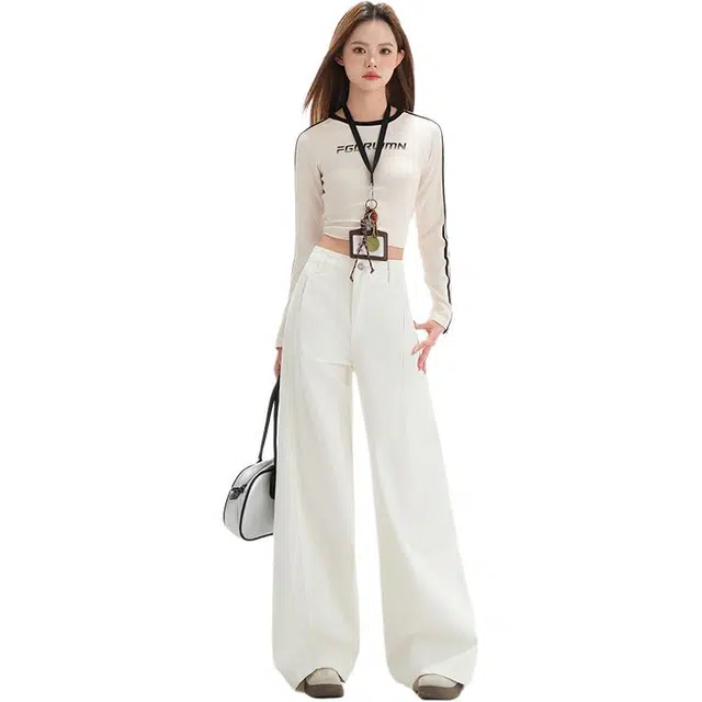 拾籍 美式复古慵懒风简约百搭高腰阔腿裤垂感拖地裤牛仔裤 女款