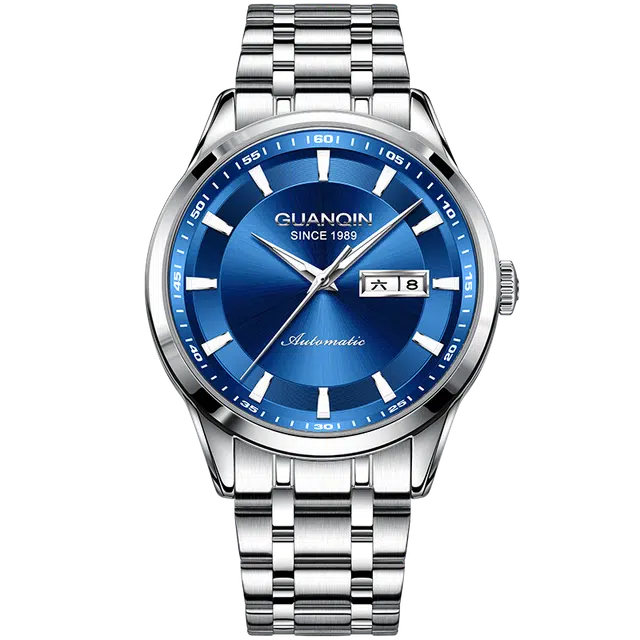 冠琴 夜光防水日历潮流 机械机芯 精钢表带 国表 男表 蓝色表盘 高颜值腕表