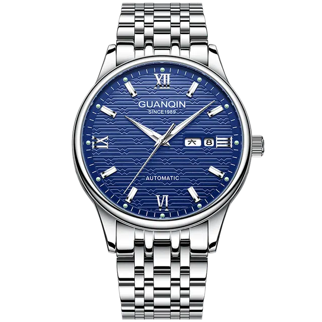 冠琴 国潮时尚休闲百搭手表 自动机械机芯 钢表带 国表 男表 蓝色表盘 夜光防水腕表