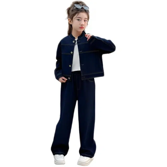 比比我休闲运动套装  女童春秋季牛仔大童潮牌小孩衣服 小女孩长袖洋气时髦 舒适帅气轻便