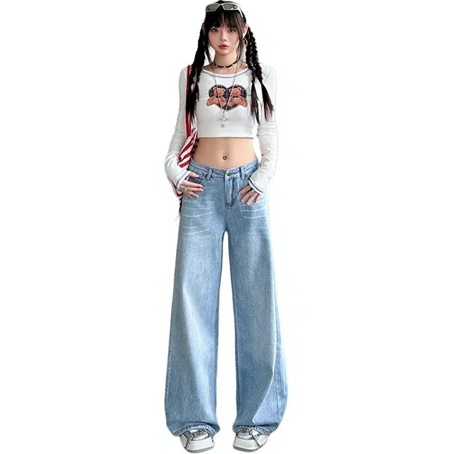 拾籍 慵懒风复古时尚水洗蓝高腰显腿长宽松阔腿牛仔裤 女款