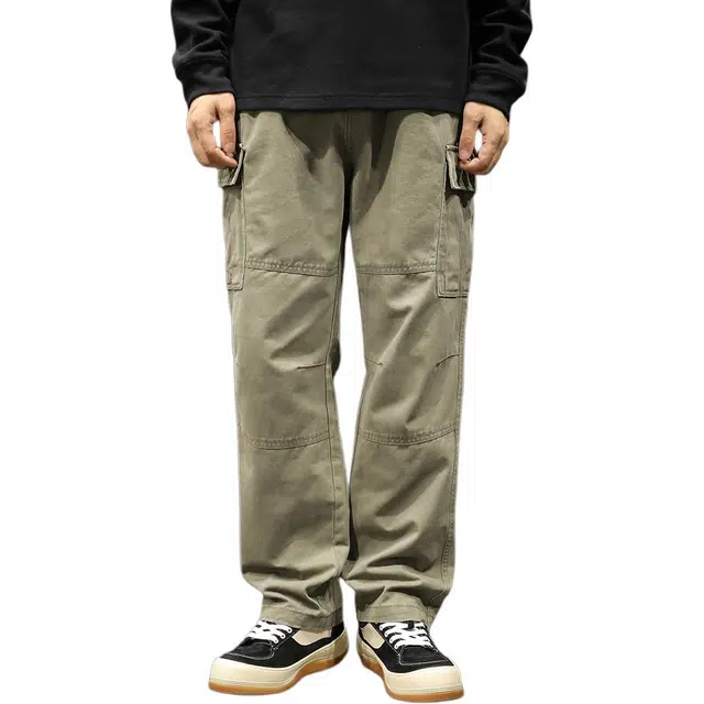 路杰邦 纯棉秋季多口袋阔腿裤男生潮牌时尚百搭多口袋军绿色直筒宽松男士长裤工装裤 男款