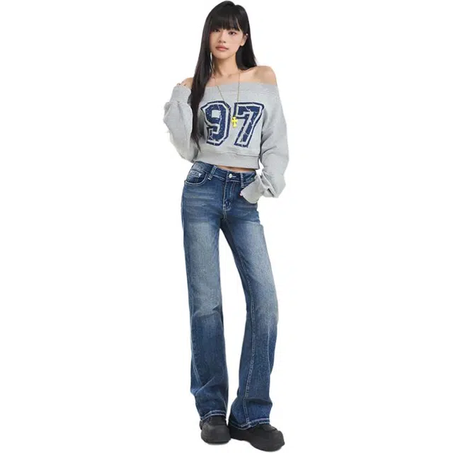 拾籍 美式复古风格低腰设计直筒版型弹力牛仔裤 女款