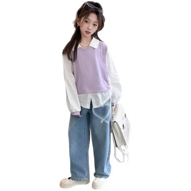 天才小熊休闲运动套装 女童春秋季假两件大童潮牌小孩衣服 小女孩长袖洋气时髦 舒适帅气轻便