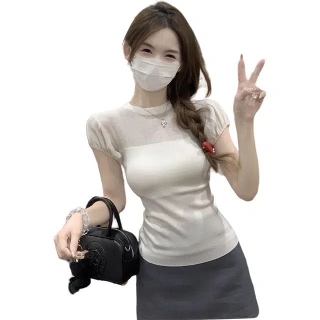 思蓓儿 修身早秋温柔纯欲透视拼接泡泡袖短袖上衣针织衫 女款