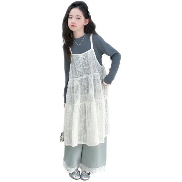 比比我休闲运动套装  女童春秋季蕾丝大童潮牌小孩衣服 小女孩长袖洋气时髦 舒适帅气轻便