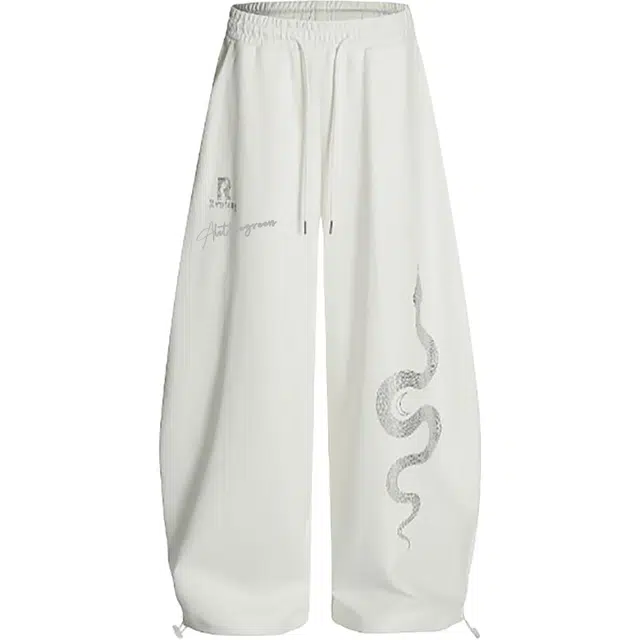 虫小绿 美式高街辣妹烫钻蛇纹印花宽松时尚潮流阔腿裤百搭腰部抽绳运动休闲裤 男女同款