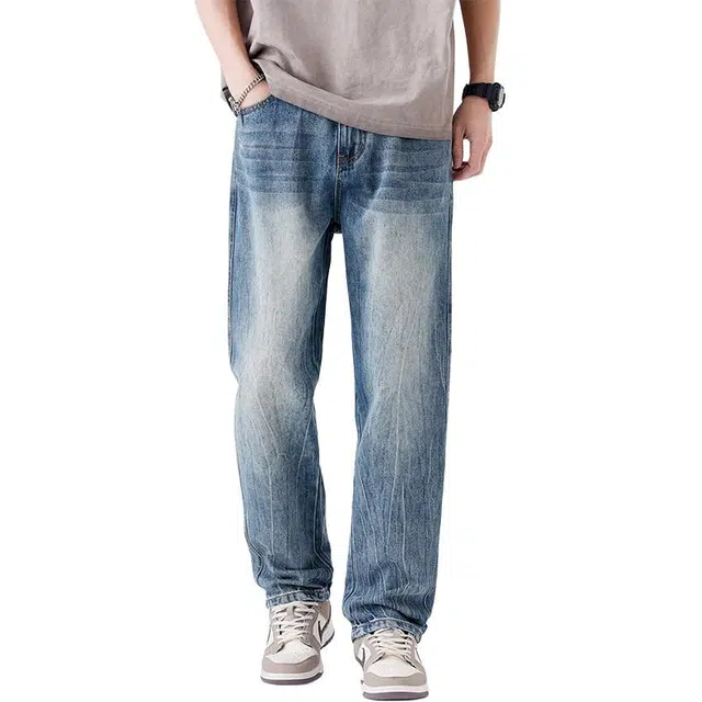 炳盛 美式水洗薄款做旧潮牌宽松直筒休闲长裤子牛仔裤 男女同款