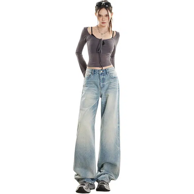 拾籍 美式高街简约舒适水洗做旧早秋时尚高腰宽松百搭直筒牛仔裤 女款