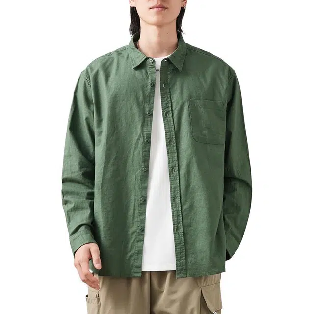 纯团 透气亚麻衬衣外套美式高级感简约百搭休闲宽松单口袋基础款棉麻长袖衬衫 男女同款
