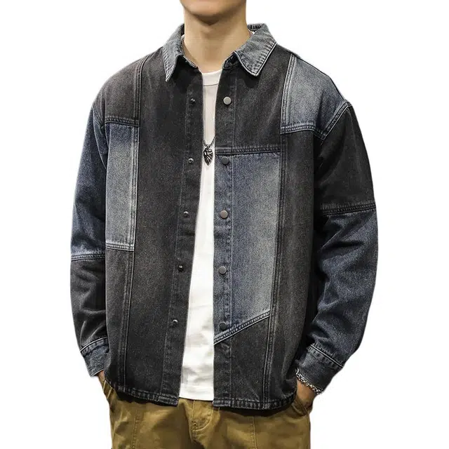 路杰邦 拼接长袖衬衫男士秋季潮牌宽松痞帅夹克时尚百搭潮流村衣服牛仔外套 男款