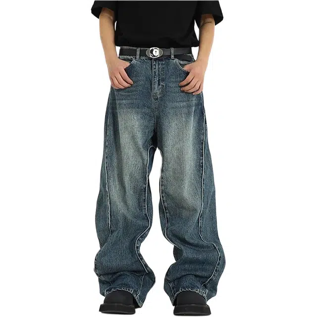 洞洞拐 复古蓝不规则弧线小众设计感裤子堆积感阔腿裤牛仔裤 男女同款