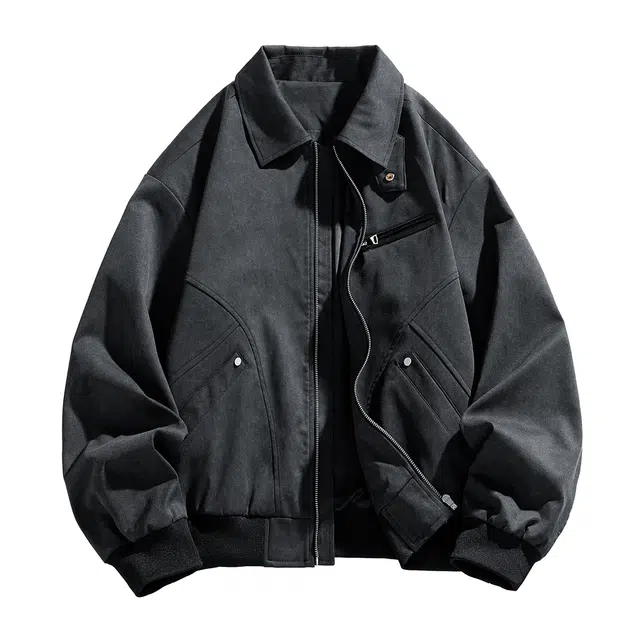 快鱼 美式高街潮流时尚纯色基础款通勤复古简约宽松百搭休闲拉链翻领运动户外防风飞行服外套夹克 男女同款