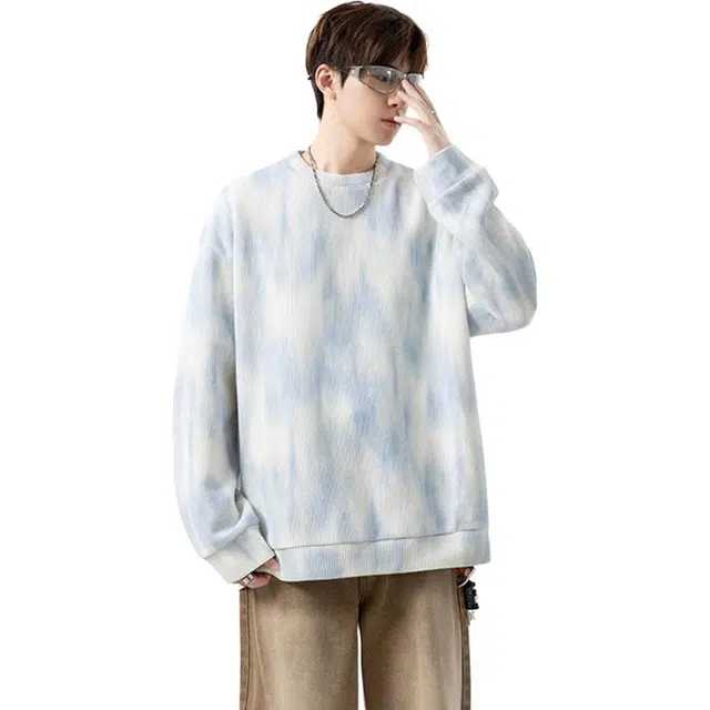 佐菲利 美式扎染针织打底衫毛衣纹理圆领宽松百搭休闲长袖上衣卫衣 男女同款