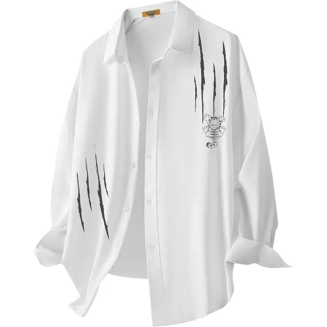 加菲猫家族 韩版卡通抓痕简约校园学院风户外时尚通勤宽松百搭开衫青春活力舒适长袖翻领衬衫 男女同款