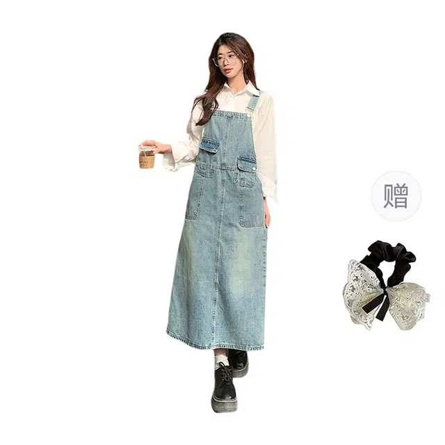 涂诗菲 大码复古背带设计感拼接开叉百搭宽松吊带连衣裙 女款