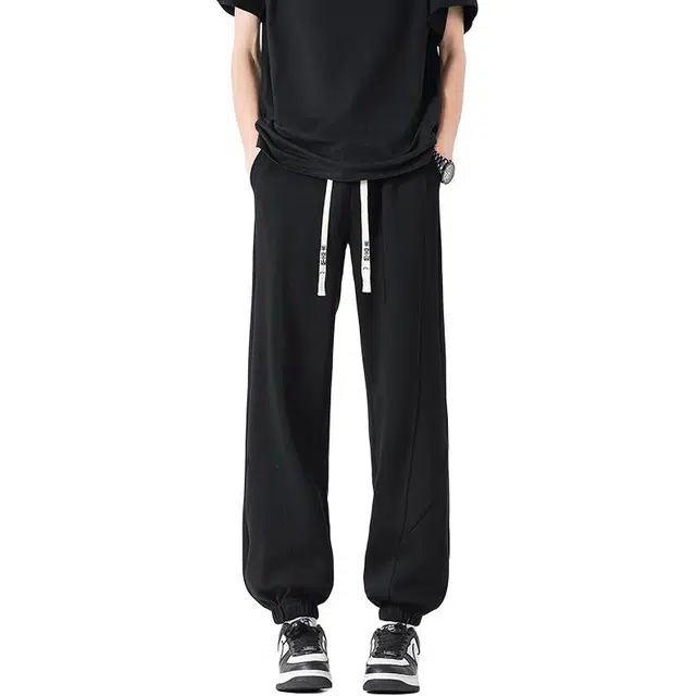 半空山 美式高街复古纯色基础款简约束脚卫裤品牌文字刺绣系带松紧腰显高显瘦宽松百搭日常通勤挺括垂感休闲裤 男女同款