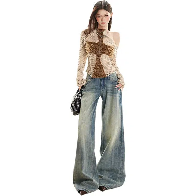 拾籍 设计感美式复古竹节纹秋季高腰百搭垂感宽松阔腿拖地牛仔裤 女款