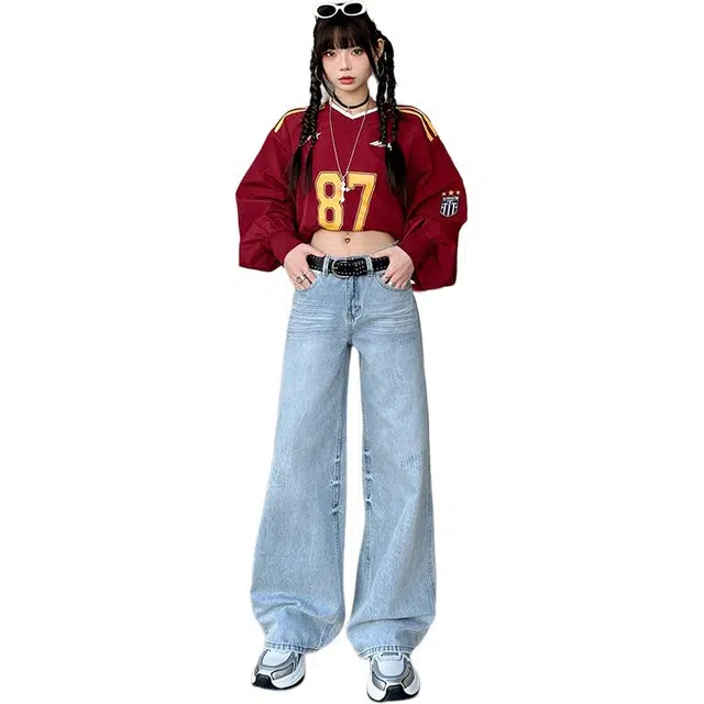 拾籍 设计感裤脚磨破时尚辣妹宽松高腰垂感百搭显瘦直筒拖地牛仔裤 女款