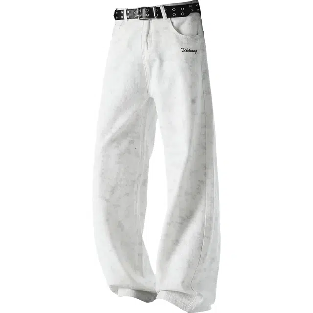 吾皇猫 美式复古高街纯棉水洗做旧扎染设计宽松百搭直筒垂感拖地休闲纽扣中腰牛仔裤 男女同款