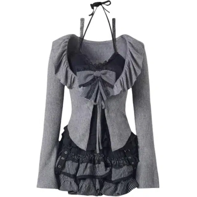 望莱仕 时尚纯欲风蕾丝荷叶边开衫百搭舒适蓬蓬蛋糕短裙三件套甜美裙装套装 女款