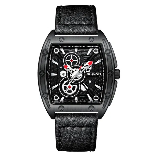 冠琴 驰速勇者系列 高颜值防水多功能时尚夜光潮流休闲百搭腕表 石英机芯 皮革表带 国表 男表 黑色表盘