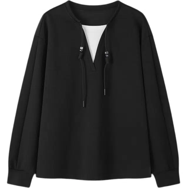 潞优野 简约通用撞色拼接假两件上衣卫衣女 女款