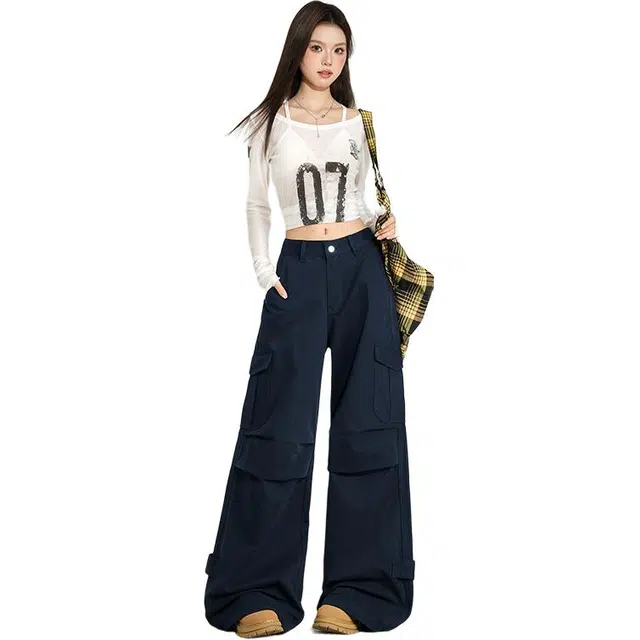拾籍 复古休闲设计感可收脚口时尚高腰宽松多口袋工装牛仔裤 女款