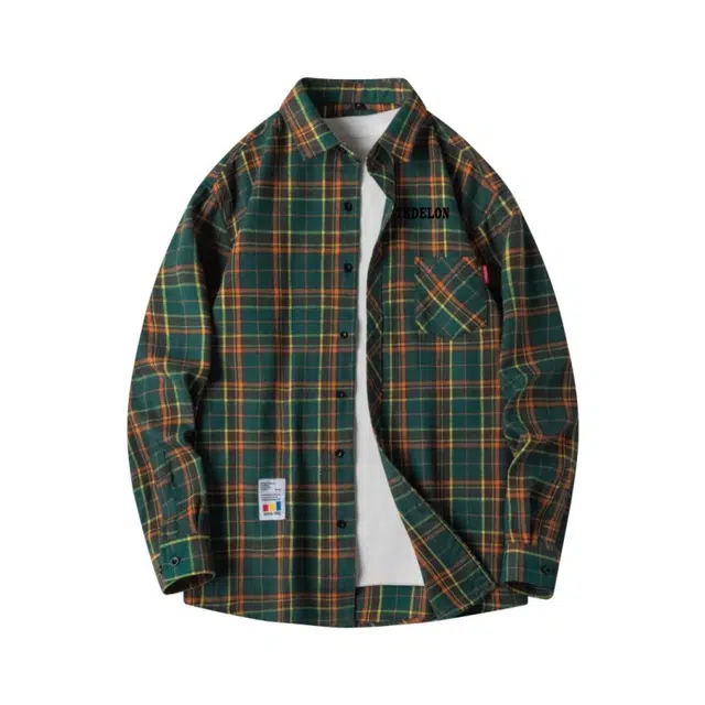 太子龍 美式高街翻领格子内搭垂感简约基础款透气百搭宽松休闲学院风长袖衬衫 男款