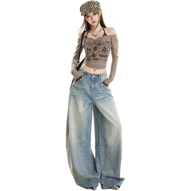 拾籍 美式街头辣妹高腰垂感百搭休闲磨白洗水做旧宽松阔腿牛仔裤 女款