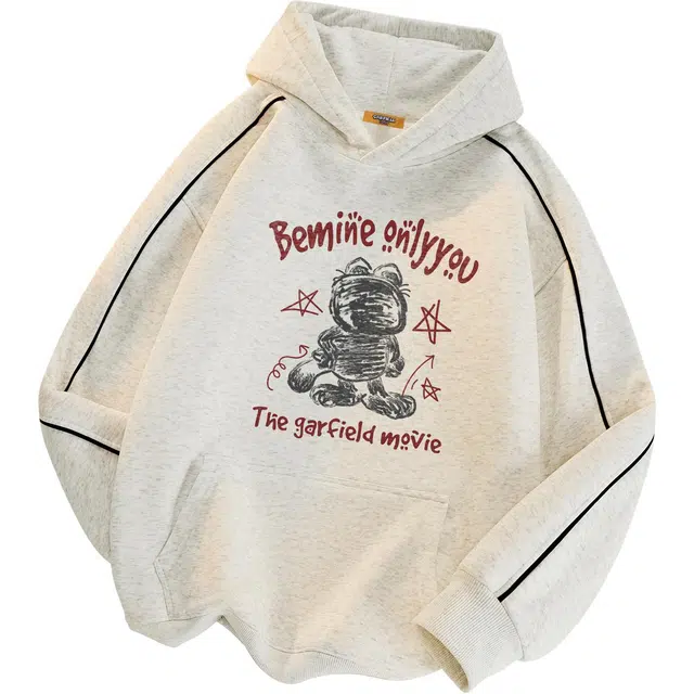 加菲猫家族 美式简约基础款日系复古宽松单杠条纹直筒内搭品牌字母卡通印花套头休闲插肩袖百搭甜酷风透气长袖连帽卫衣 男女同款