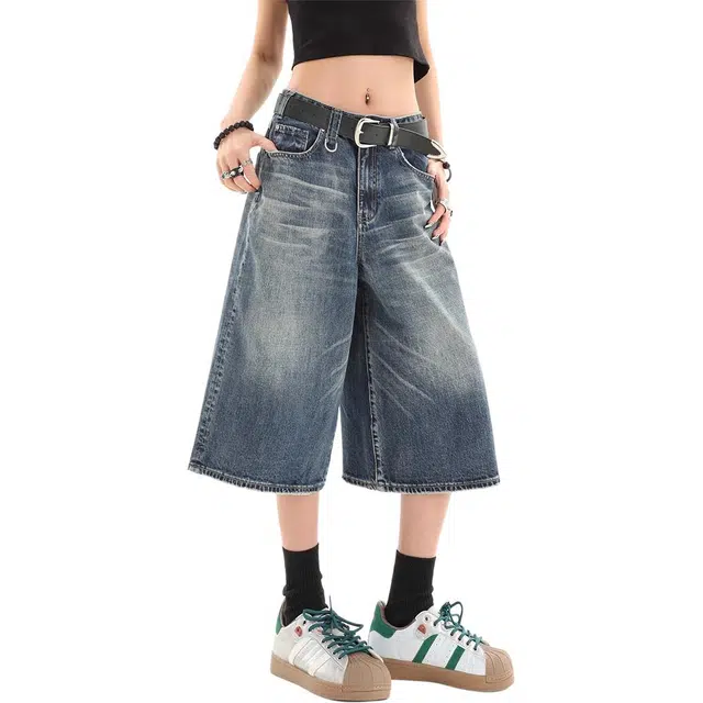 么宁 高街复古时尚百搭做旧休闲慵懒风舒适中裤无性别主义个性七分裤潮流水洗重磅牛仔短裤 女款