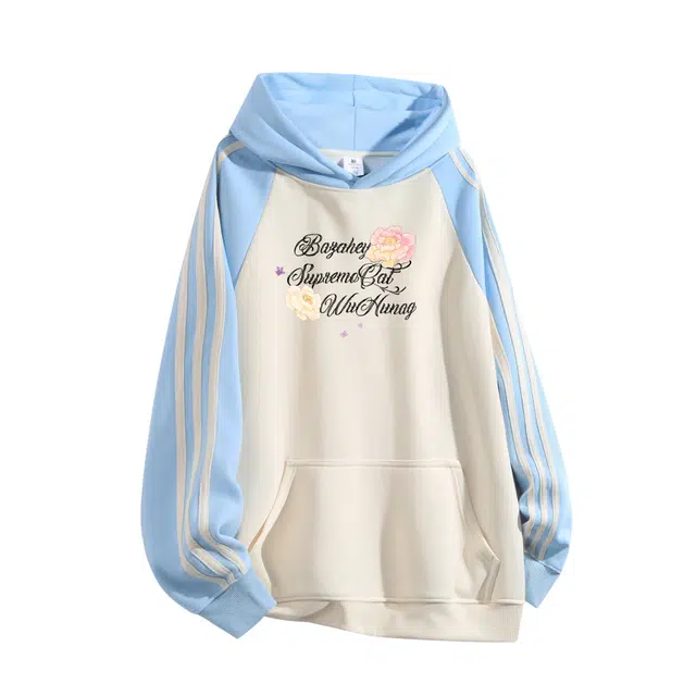 吾皇猫 美式复古植物花卉字母印花设计撞色拼接潮流重磅宽松百搭连帽套头休闲长袖卫衣 男女同款