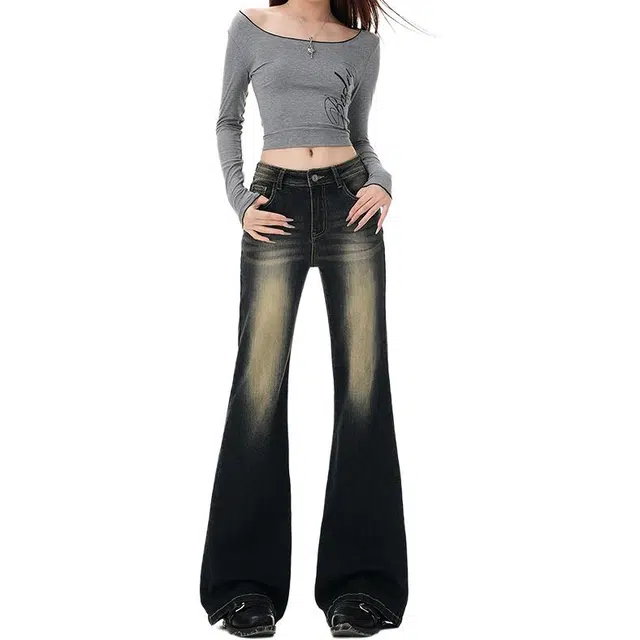 如续 如续美式中腰宽松不贴腿辣妹弹力微喇裤喇叭长裤牛仔裤 女款