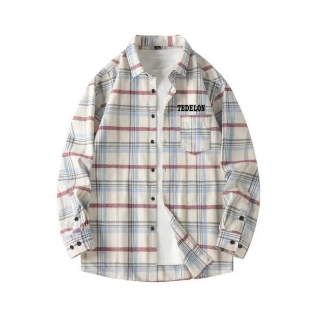 太子龍 港风复古格子衬衣外套宽松休闲潮流翻领长袖日系基础款透气青少年通勤穿搭衬衫 男款