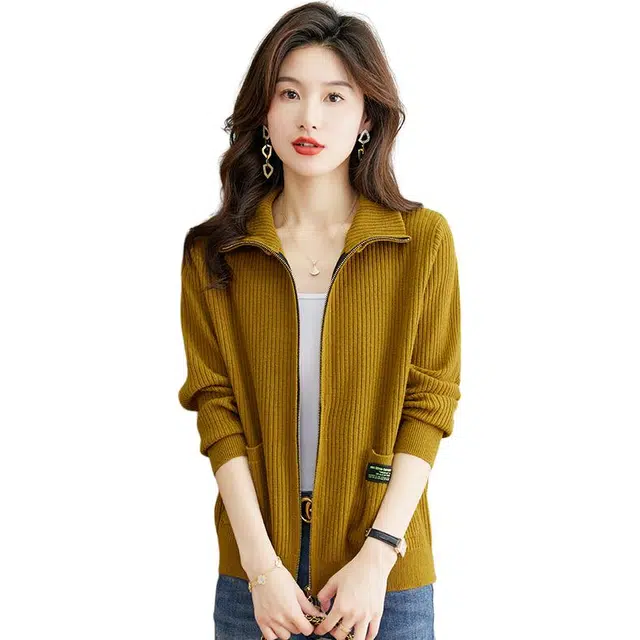 稻草人 立领设计时尚百搭简约舒适触感秋装外套针织衫 女款