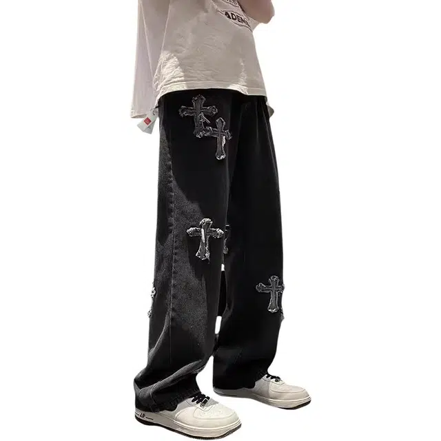 北极绒 美式高街十字架春秋潮牌水洗复古直筒宽松阔腿裤子牛仔裤 男款