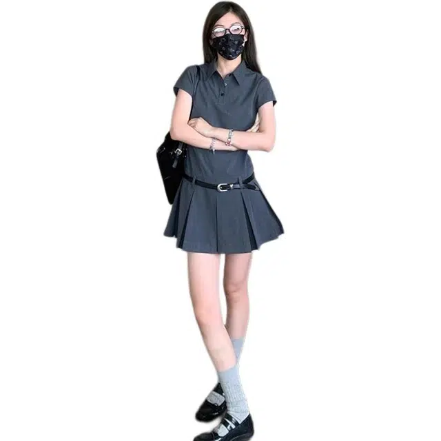 苏九儿 学院风设计感收腰百搭短袖连衣裙 女款